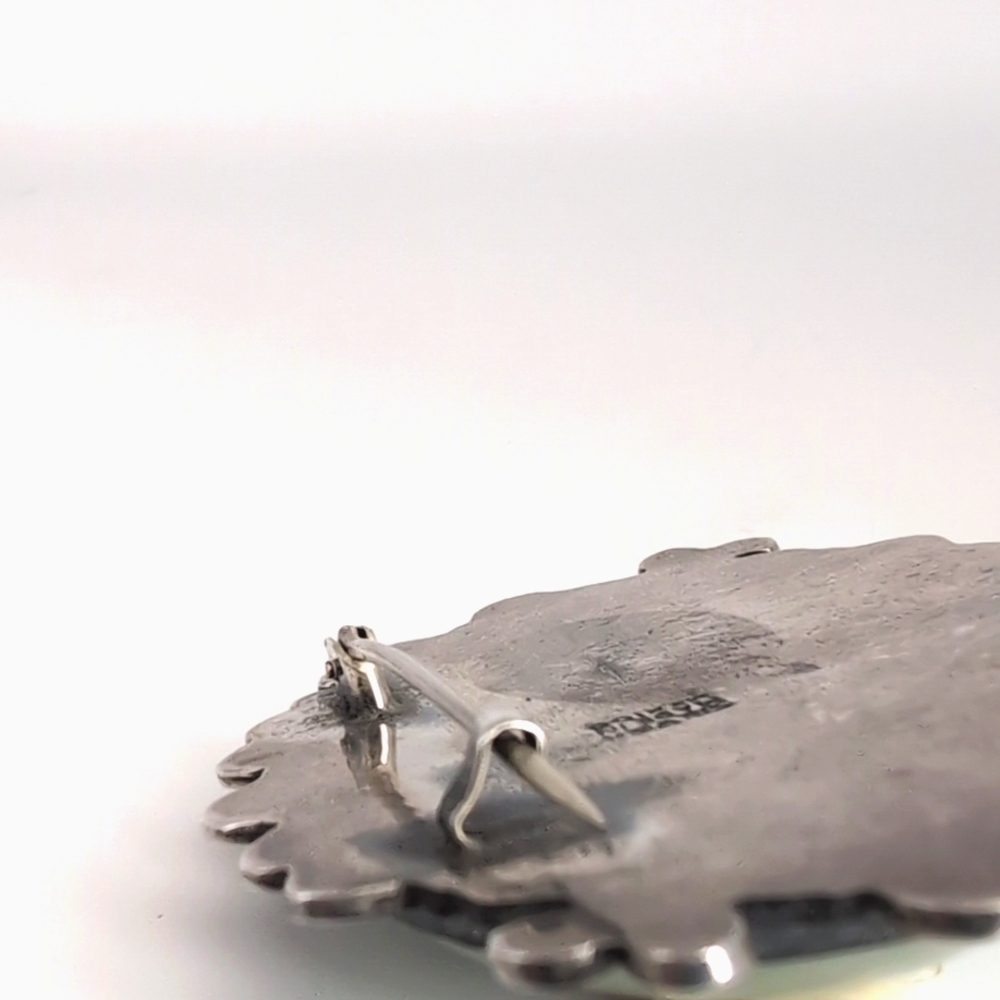 Vintage Sterling Silver Oval Cabochon Green Stone Agate ? Brooch Pin - Mexico - Picture 6 of 11